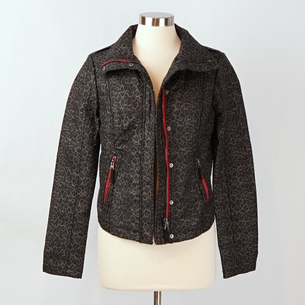 Free People Leopard Pop Moto Jacket Zippered Pockets Red Trim - Size 6